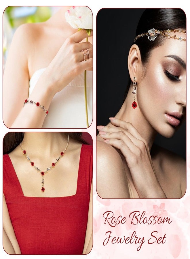 Yolev 3Pcs Set Red Rose Jewelry - Rose Flower Pendant Necklace, Bracelet Dangle Earrings.Bracelet Flower Jewelry Dangle Earrings Set For Valentine's Day Mother's Day Gifts Wedding Gifts - Image 4