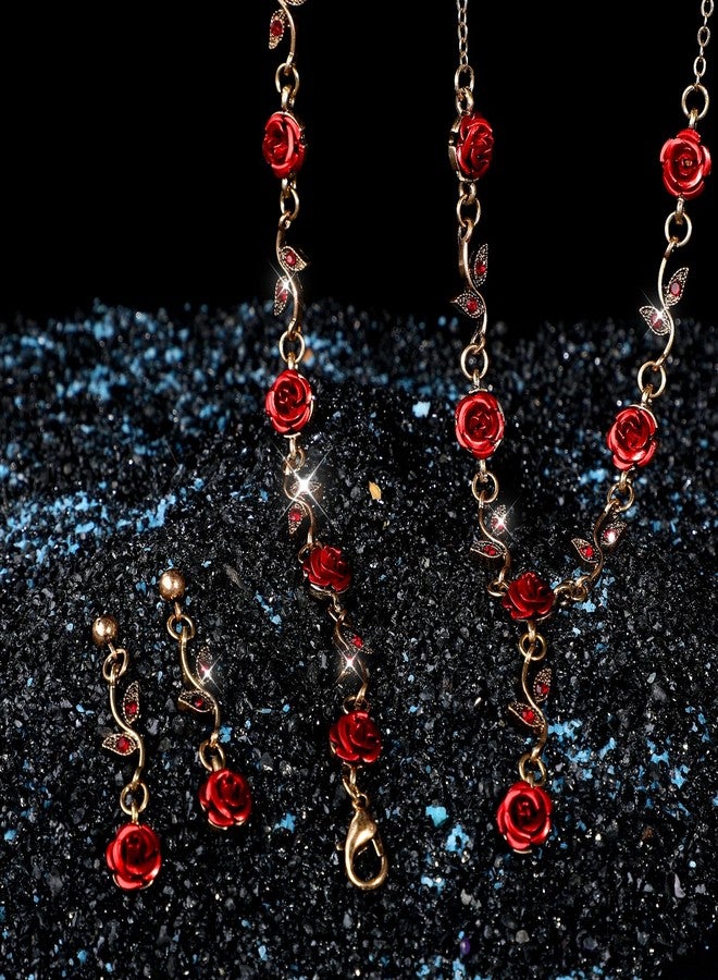 Yolev 3Pcs Set Red Rose Jewelry - Rose Flower Pendant Necklace, Bracelet Dangle Earrings.Bracelet Flower Jewelry Dangle Earrings Set For Valentine's Day Mother's Day Gifts Wedding Gifts - Image 5