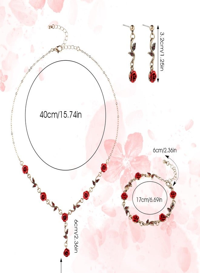 Yolev 3Pcs Set Red Rose Jewelry - Rose Flower Pendant Necklace, Bracelet Dangle Earrings.Bracelet Flower Jewelry Dangle Earrings Set For Valentine's Day Mother's Day Gifts Wedding Gifts - Image 3