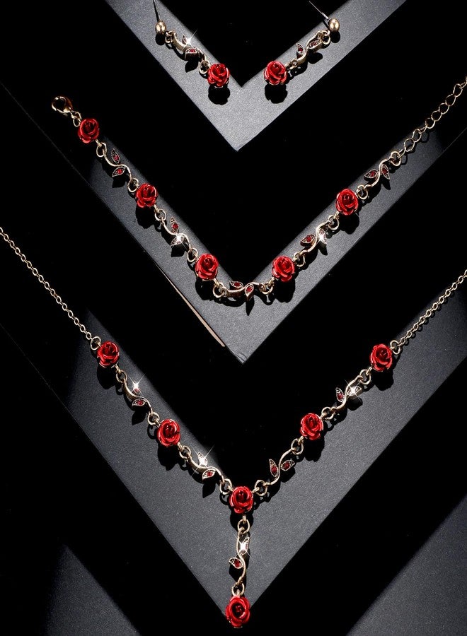 Yolev 3Pcs Set Red Rose Jewelry - Rose Flower Pendant Necklace, Bracelet Dangle Earrings.Bracelet Flower Jewelry Dangle Earrings Set For Valentine's Day Mother's Day Gifts Wedding Gifts - Image 2