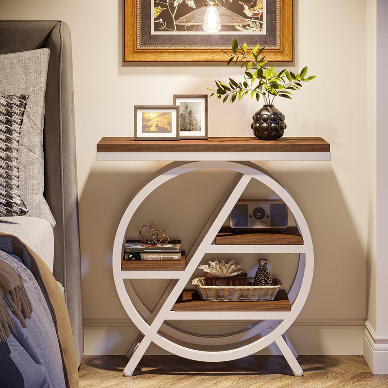 Tribesigns End Table for Living Room, 3-Tier Narrow Side Table with Storage, Wood Sofa Side Table with Geometric Metal Frame, Industrial Nightstand and Bedside Table for Bedroom (Light Brown+White) - Image 5