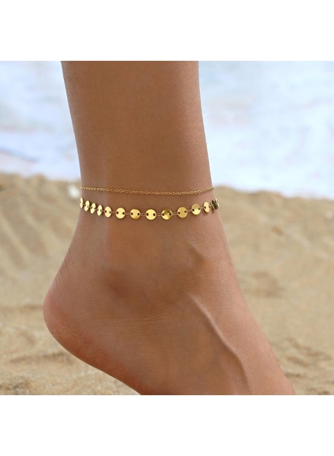 جوليا ستور خلخال أنيق متعدد الطبقات من الفولاذ المقاوم للصدأ مطلي بالذهب عيار 18 قيراطًا للنساء، أساور خلخال متعددة الطبقات على شكل سلسلة عملات معدنية، مجوهرات للقدم مقاومة للماء للشاطئ والصيف - Image 3