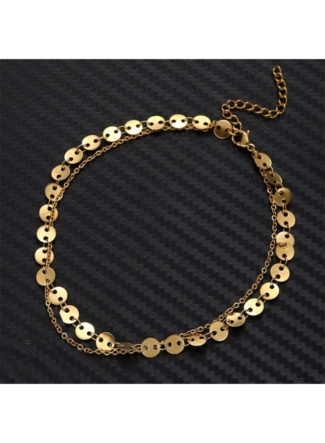 جوليا ستور خلخال أنيق متعدد الطبقات من الفولاذ المقاوم للصدأ مطلي بالذهب عيار 18 قيراطًا للنساء، أساور خلخال متعددة الطبقات على شكل سلسلة عملات معدنية، مجوهرات للقدم مقاومة للماء للشاطئ والصيف - Image 1