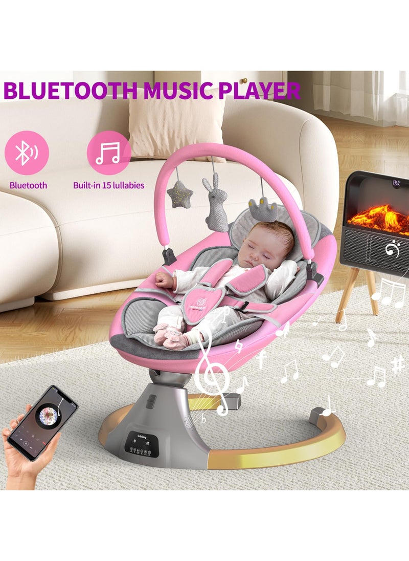 Mr. Penda - Deluxe Electric Baby Swing | Multi-Functional Rocker and Bouncer Chair for Newborn | 4 Speed Auto Swing, Bluetooth Music, Remote & Touch Control, 5-Point Harness, Adjustable Recline | Baby Rocking Chair with Mosquito Net (Pink) - Image 1
