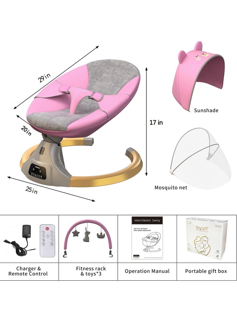 Mr. Penda - Deluxe Electric Baby Swing | Multi-Functional Rocker and Bouncer Chair for Newborn | 4 Speed Auto Swing, Bluetooth Music, Remote & Touch Control, 5-Point Harness, Adjustable Recline | Baby Rocking Chair with Mosquito Net (Pink) - Image 1