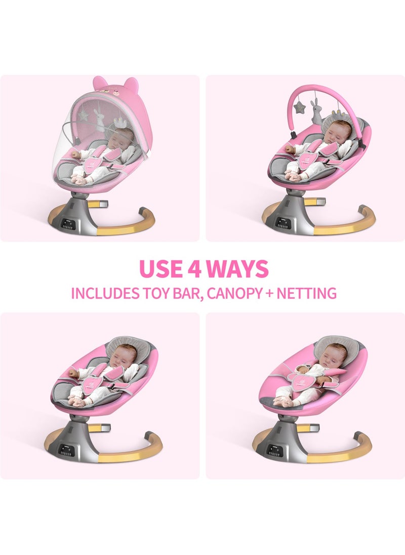 Mr. Penda - Deluxe Electric Baby Swing | Multi-Functional Rocker and Bouncer Chair for Newborn | 4 Speed Auto Swing, Bluetooth Music, Remote & Touch Control, 5-Point Harness, Adjustable Recline | Baby Rocking Chair with Mosquito Net (Pink) - Image 1