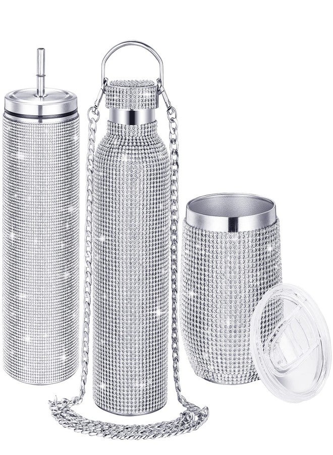 Youyole 3 Pcs Diamond Water Bottle Rhinestone Water Bottle Glitter Tumbler Thermal with Chain Bling Cups with Lids Rhinestones Stainless Steel Thermal for Women Girl (Classic Style) - Image 1