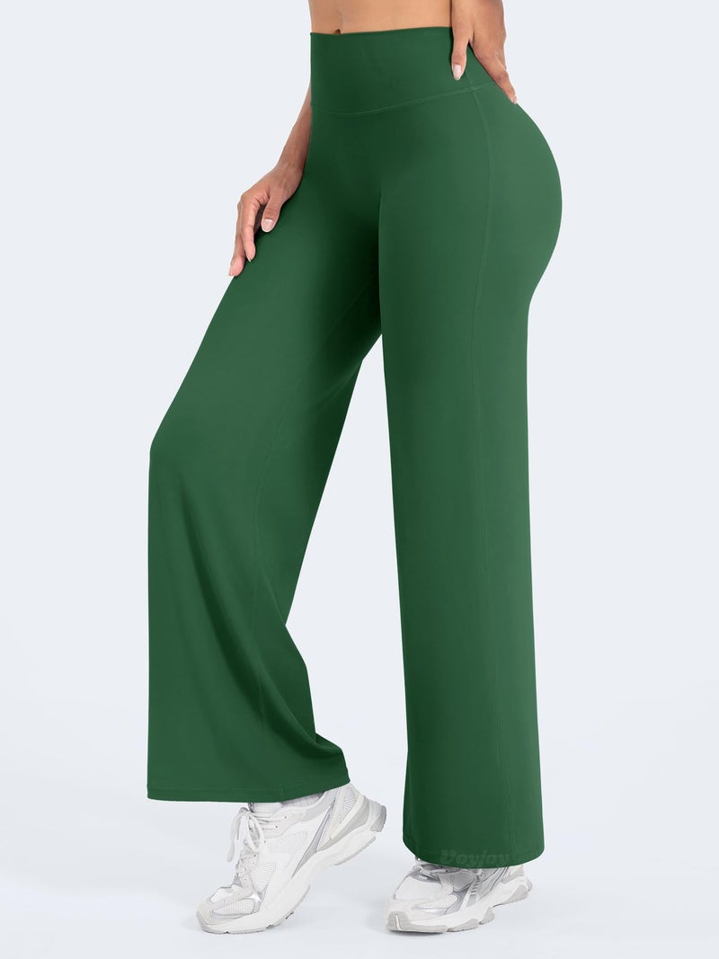 VOYJOY Straight Leggings Bottoms Wide Leg Pants for Women 29"/ 31.5"/33"/35" High Waist Stretch Casual Sweatpants Dark Green - Image 4