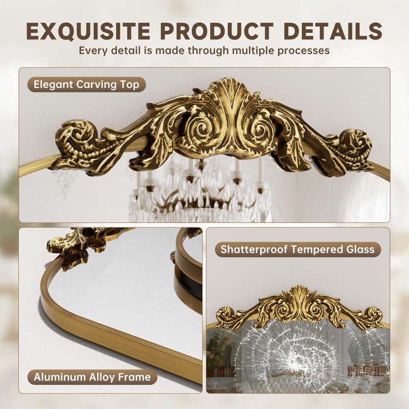 Hasipu Vintage Arched Bathroom Mirror, 48"x 30" Retro Wall Mounted Vanity Mirror with Carved Pattern Top and Aluminum Frame, Antique Decorative Mirror for Hanging or Leaning - Image 3