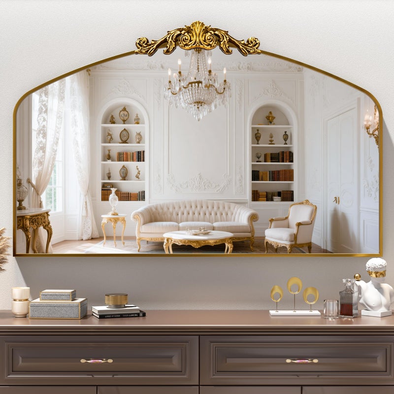 Hasipu Vintage Arched Bathroom Mirror, 48"x 30" Retro Wall Mounted Vanity Mirror with Carved Pattern Top and Aluminum Frame, Antique Decorative Mirror for Hanging or Leaning - Image 1