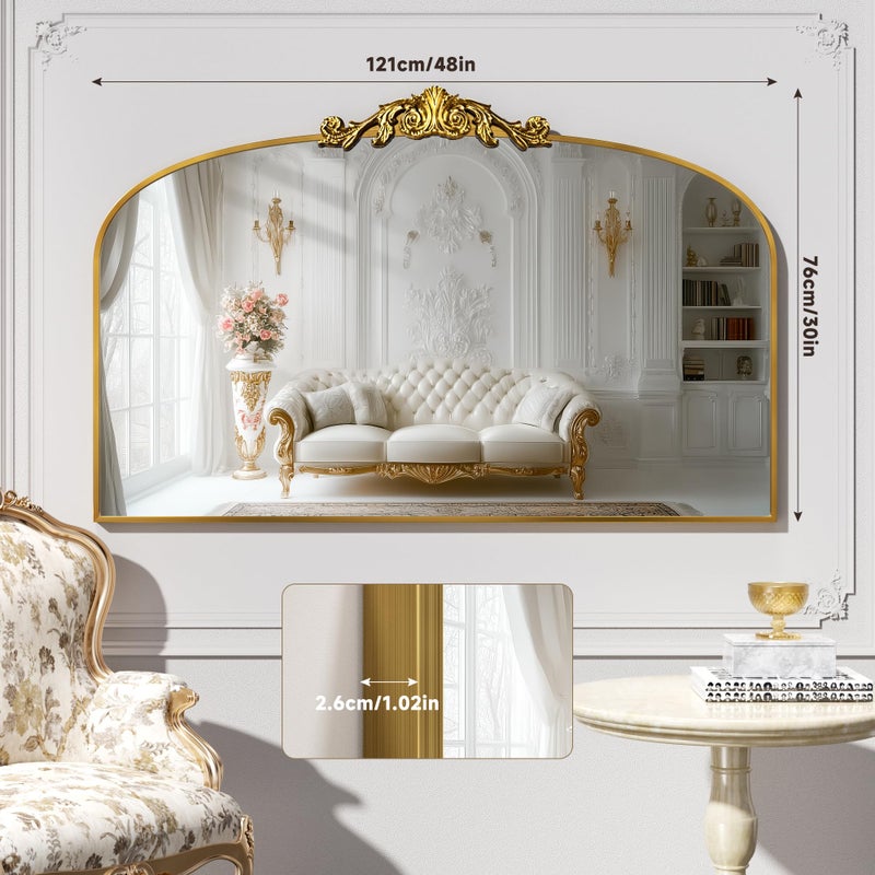 Hasipu Vintage Arched Bathroom Mirror, 48"x 30" Retro Wall Mounted Vanity Mirror with Carved Pattern Top and Aluminum Frame, Antique Decorative Mirror for Hanging or Leaning - Image 2