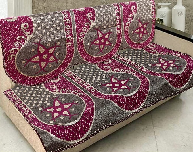 Damask Design Concept Sofa Set Covers 5 Seater with Cotton Polyester Pink Standard Size Pack of 6