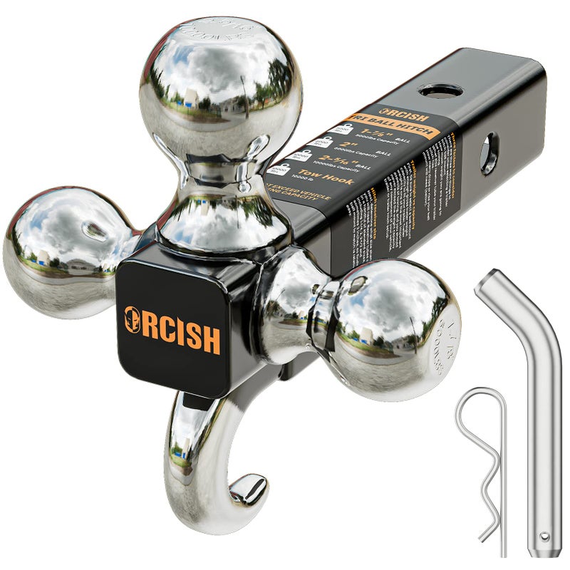 ORCISH Trailer Hitch TriBall Mount with Hook Pin Chrome Trailer Ball Sizes 178 2 2516 Fit 2 Inch Hitch Receiver 10000 LBS Max Towing for RVs SUVs ATVs Trucks