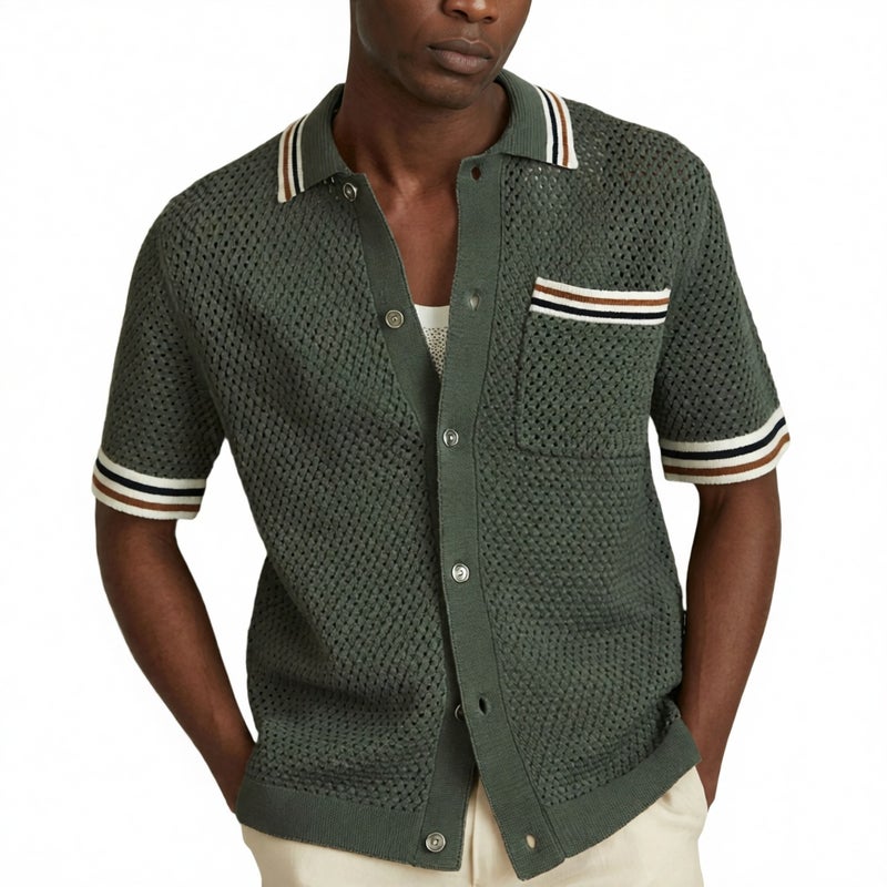 Men's Knitted Cardigan Summer Hollow Contrast Stripe Short Sleeve Polo Shirt