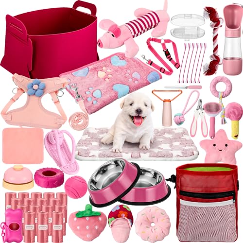 Abbylike 50 Pcs Puppy Supplies Starter Kit for Small Dogs Puppy Essentials Includes Leash Bowls Teeth Brushes Water Bottle and More Accessories for Dogs Pet Day Welcome GiftPink - Image 1