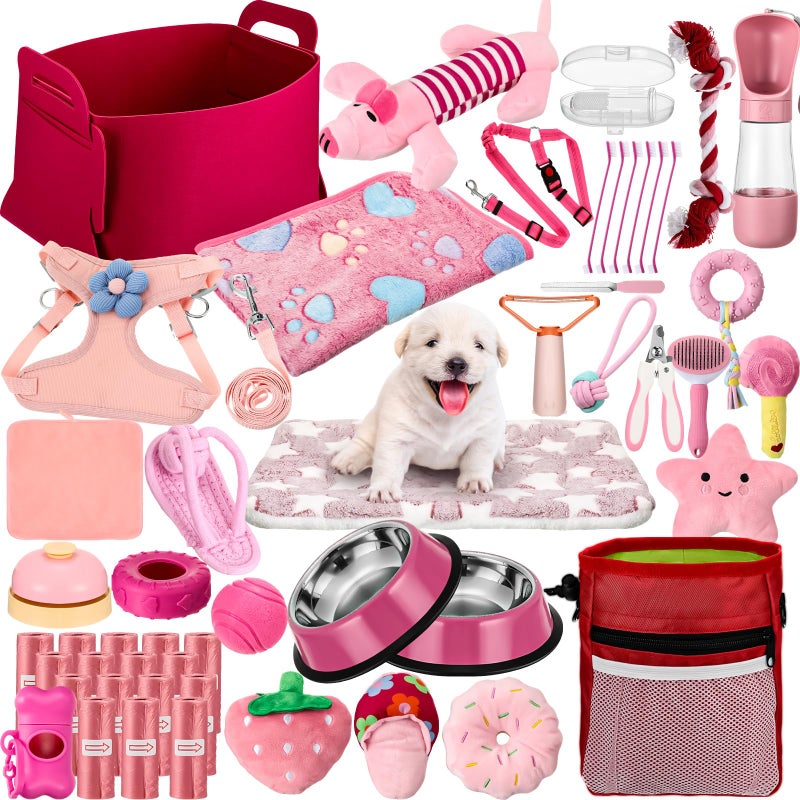 Abbylike 50 Pcs Puppy Supplies Starter Kit for Small Dogs Puppy Essentials Includes Leash Bowls Teeth Brushes Water Bottle and More Accessories for Dogs Pet Day Welcome GiftPink - Image 2
