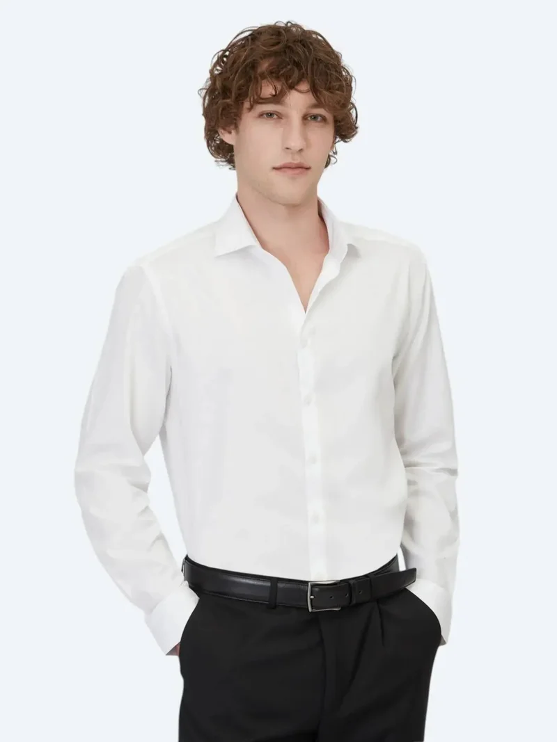 Kip White Plain Regular Fit Weaving Classical 100% Cotton Shirt