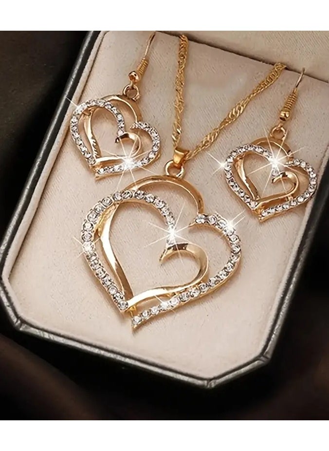 Goolsky 1 Pair Of Earrings + 1 Necklace French Romantic Style Jewelry Set Sparkling Heart Design Silvery Or Golden Make Your Call Gift For Her  - Image 1