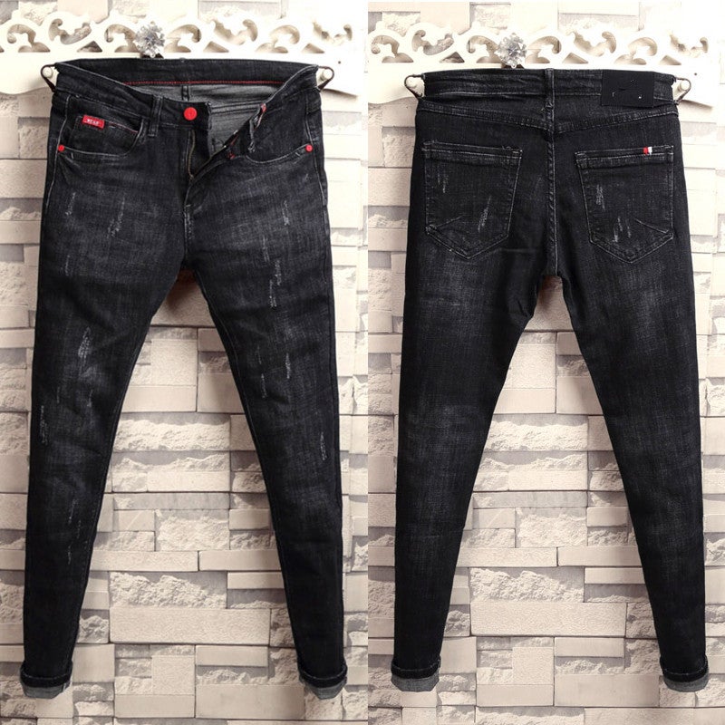 Retro Slim-fit Blue Jeans for Men Black 2025 Red Button Pants