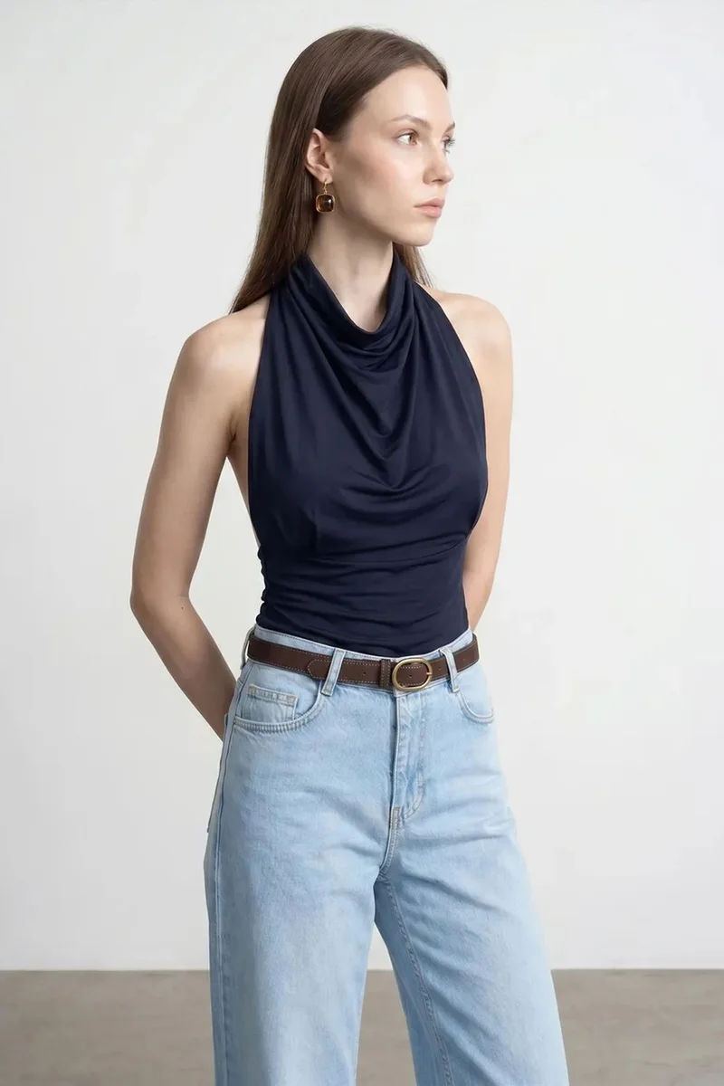 Dilvin Navy Blue DILVIN Fitted Sleeveless Cowl Neck Blouse for Women | Best Price UAE