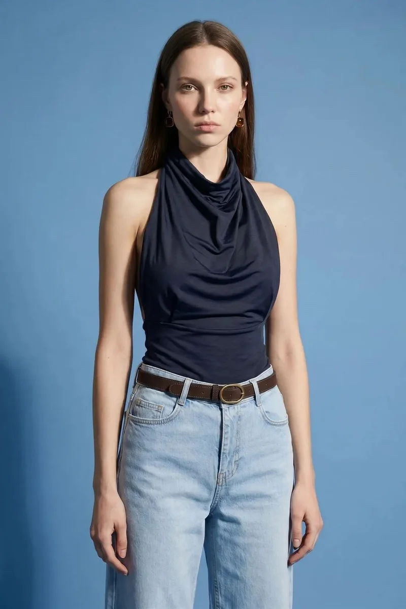 DILVIN Fitted Sleeveless Cowl Neck Blouse