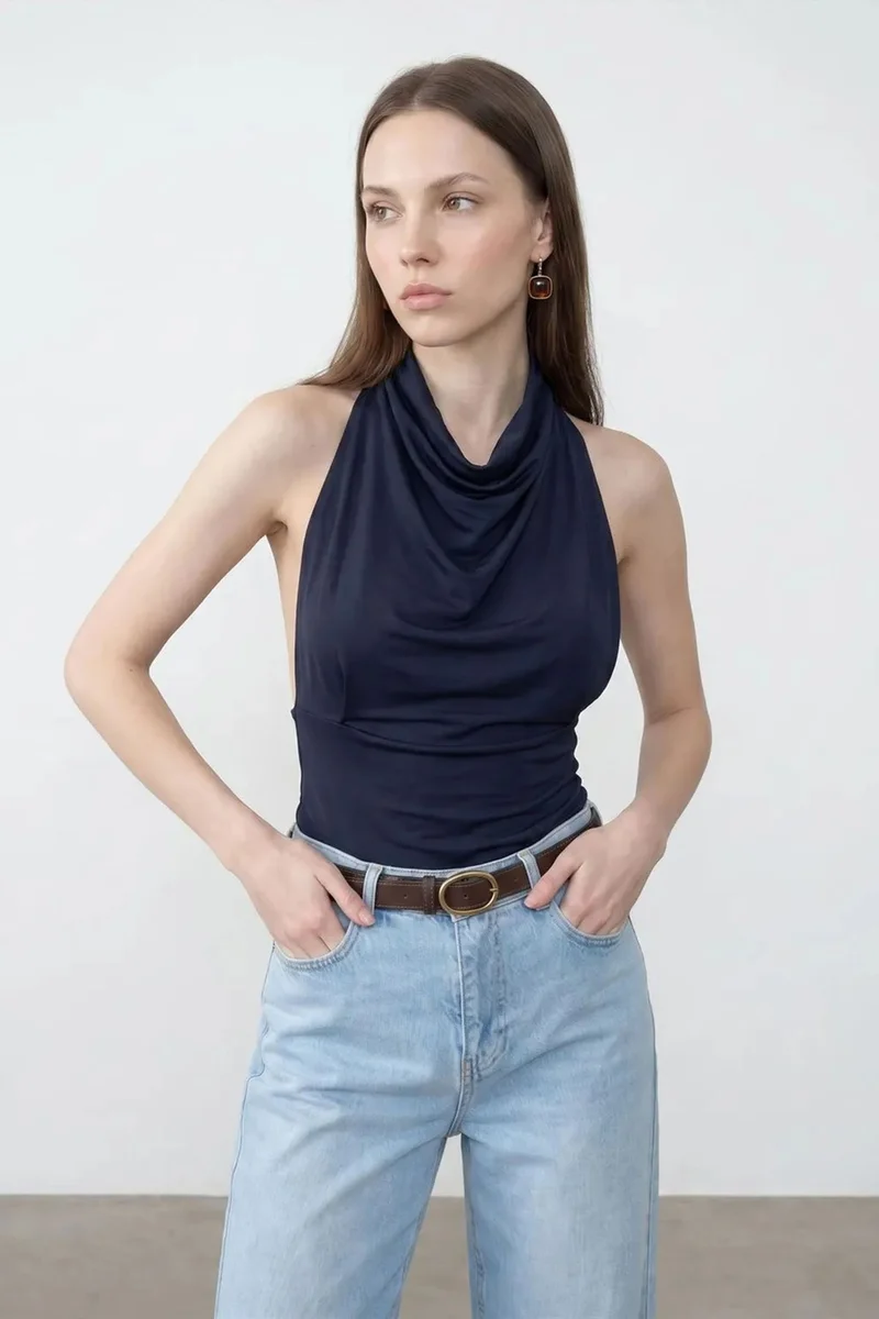 Dilvin Navy Blue DILVIN Fitted Sleeveless Cowl Neck Blouse for Women | Best Price UAE