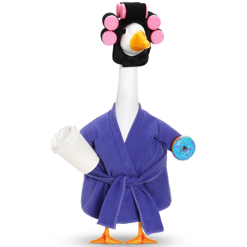 Shyyween Lady Porch Goose Outfit 23 Inch Goose Clothes Winter Porch Geese Accessories Purple Pajamas Robe Curlers and Coffee Cup for Concrete Statue Outdoor Yard Cement Geese Decoration - Image 1