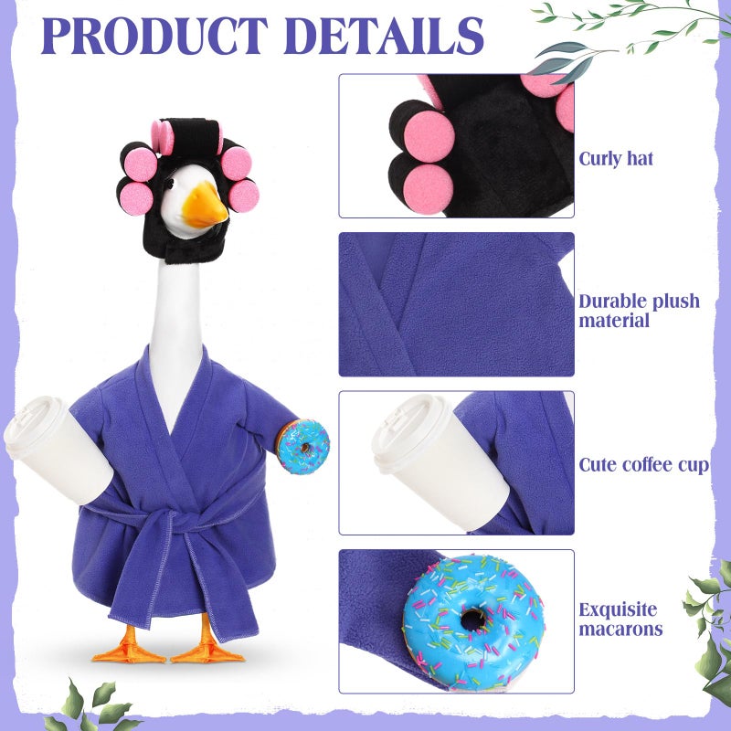 Shyyween Lady Porch Goose Outfit 23 Inch Goose Clothes Winter Porch Geese Accessories Purple Pajamas Robe Curlers and Coffee Cup for Concrete Statue Outdoor Yard Cement Geese Decoration - Image 3