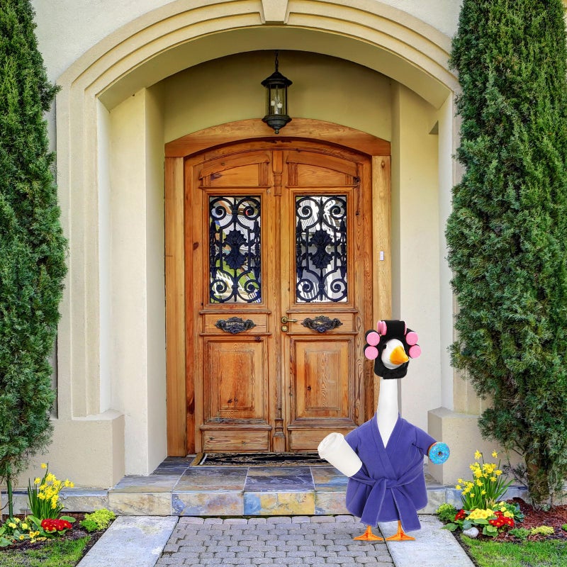Shyyween Lady Porch Goose Outfit 23 Inch Goose Clothes Winter Porch Geese Accessories Purple Pajamas Robe Curlers and Coffee Cup for Concrete Statue Outdoor Yard Cement Geese Decoration - Image 4