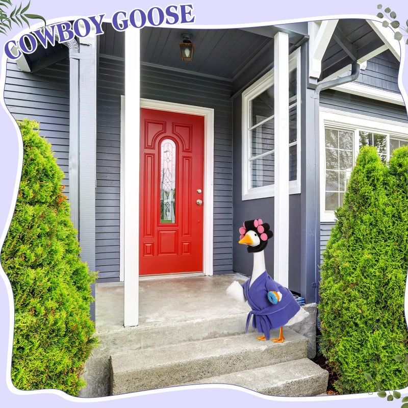 Shyyween Lady Porch Goose Outfit 23 Inch Goose Clothes Winter Porch Geese Accessories Purple Pajamas Robe Curlers and Coffee Cup for Concrete Statue Outdoor Yard Cement Geese Decoration - Image 5