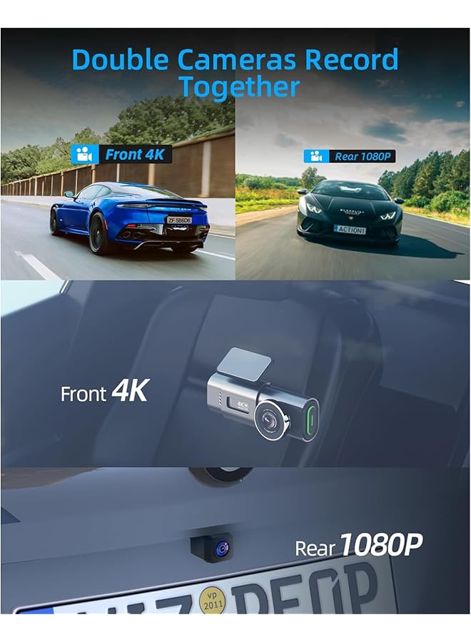 لينجي كاميرا Linjie Dash Cam 4K، لوحة قيادة مزدوجة أمامية 4K/2.5K وخلفية 1080P، نظام تحديد المواقع العالمي (GPS) مدمج، شاشة 1.47 بوصة، كاميرا قيادة UHD 2160P 30 إطارًا في الثانية، مع تطبيق، زاوية واسعة 170 درجة، رؤية ليلية، شاشة مراقبة لركن السيارة، مستشعر G، بطاقة SD 128 جيجابايت، منفذ USB C - Image 2