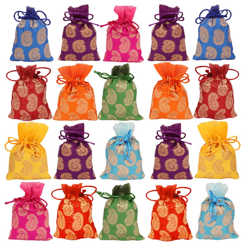Touchstone Drawstring Bags Traditional Indian Handcrafted in Paisley Pattern Brocade fabric Perfect for Gifts Jewelry Weddings Sweet Distribution Set of 20 Vibrant Multicolor Pouches Purses Potli - Image 2