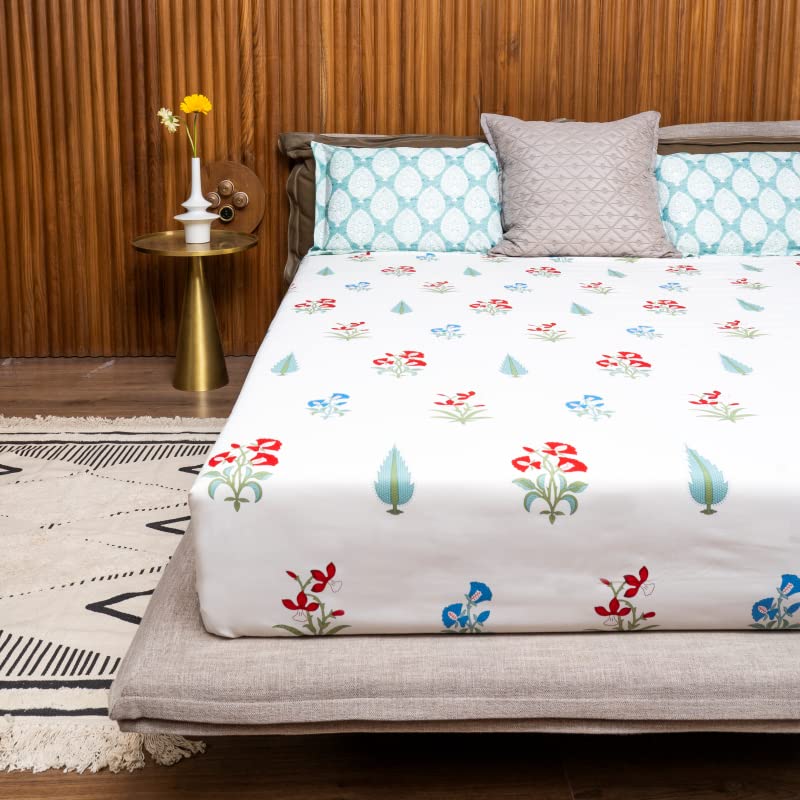 Urban Space Regal 100% Cotton 200 TC Printed Elastic Fitted Bedsheets King Size with 2 Pillow Covers (Size 72 x 78 inches, High Garden Red) - Image 1