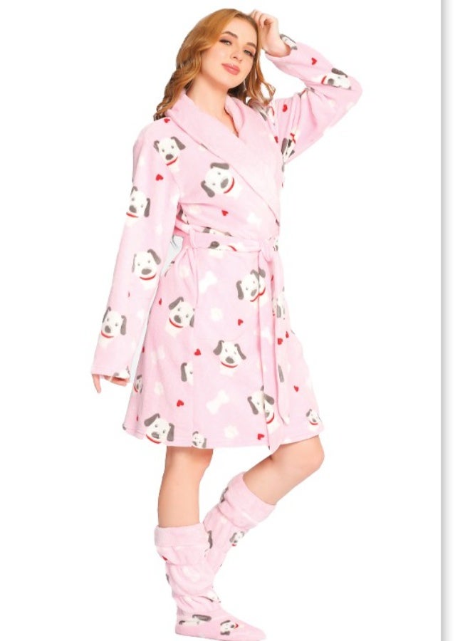 Dadoush Dadosh Women's Bathrobe Soft Bathrobe Warm Winter Nightsuit Pink Blue with Matching Socks Women Nightgown - Image 1