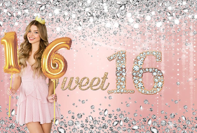 Sensfun Sweet 16 Birthday Backdrop Rose Gold Princess Sweet Sixteen Photography Background Silver Diamond Bokeh Glitter Spots Pink Girls Happy 16th Birthday Party Decorations Cake Table Banner 7x5ft - Image 2