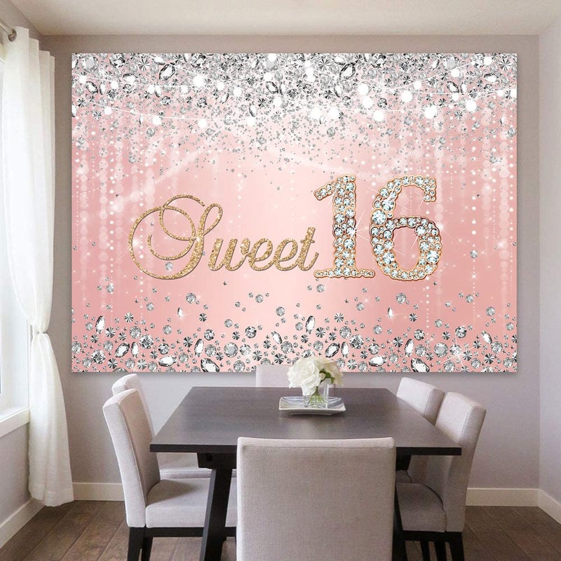 Sensfun Sweet 16 Birthday Backdrop Rose Gold Princess Sweet Sixteen Photography Background Silver Diamond Bokeh Glitter Spots Pink Girls Happy 16th Birthday Party Decorations Cake Table Banner 7x5ft - Image 3
