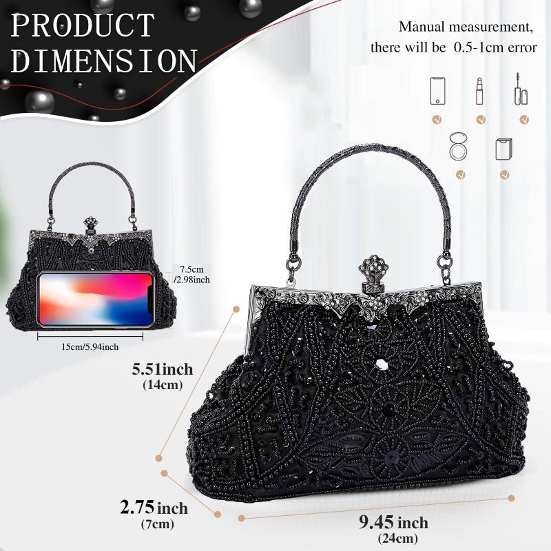 Selighting 1920s Vintage Beaded Clutch Evening Bags for Women Formal Bridal Wedding Clutch Purse Prom Cocktail Party Handbags Black Handbags - Image 3