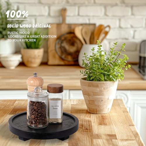 zoocatia Round Decorative Tray Wood Bathroom Counter Organizer Farmhouse Kitchen Decor Wooden Riser for Soap Dish Perfume Candle Sponge 8 Black - Image 3