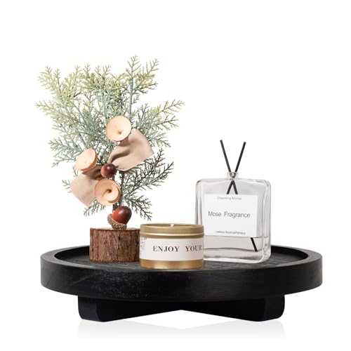 zoocatia Round Decorative Tray Wood Bathroom Counter Organizer Farmhouse Kitchen Decor Wooden Riser for Soap Dish Perfume Candle Sponge 8 Black - Image 1