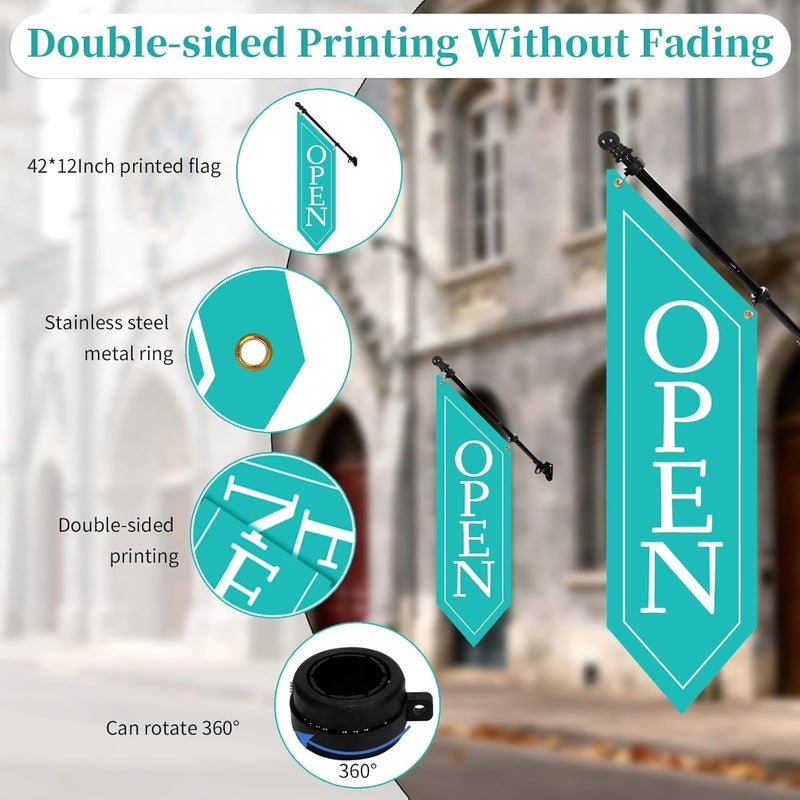 yeload OPEN Flag with Pole Kit - Heavy Duty Canvas Open Banner for Business Storefront, 42x12 Inch Outdoor Double-Sided Sign with Bracket - Advertising Signage for Retail & Shops (Teal) - Image 3