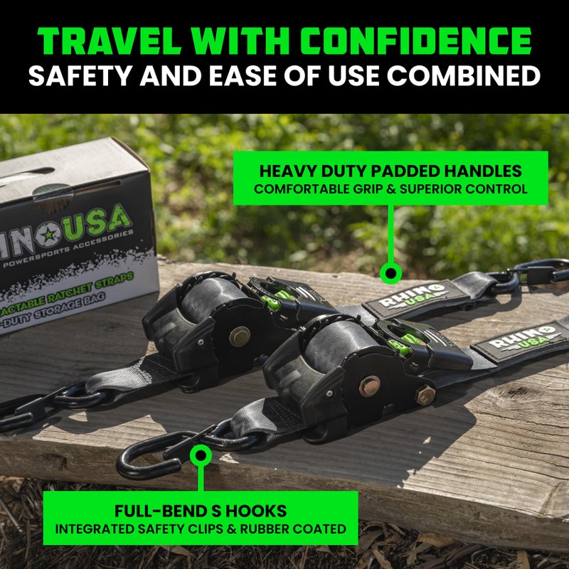 Rhino USA Rhino USA Retractable Ratchet Straps (2-Pack) - 2 Inch x 10 Feet (3,033lb Break Strength) - Heavy Duty Auto Self Retracting Tie Down Straps for Truck, Cargo Trailer, Motorcycle, Rad & More - Gray  - Image 3