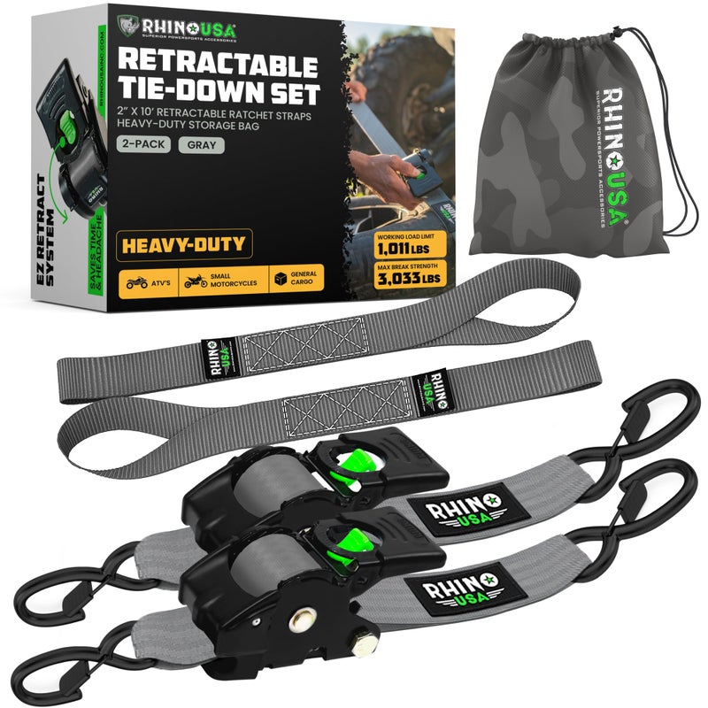 Rhino USA Rhino USA Retractable Ratchet Straps (2-Pack) - 2 Inch x 10 Feet (3,033lb Break Strength) - Heavy Duty Auto Self Retracting Tie Down Straps for Truck, Cargo Trailer, Motorcycle, Rad & More - Gray  - Image 1