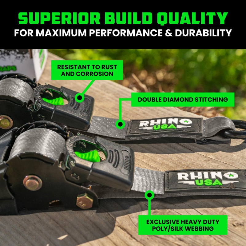 Rhino USA Rhino USA Retractable Ratchet Straps (2-Pack) - 2 Inch x 10 Feet (3,033lb Break Strength) - Heavy Duty Auto Self Retracting Tie Down Straps for Truck, Cargo Trailer, Motorcycle, Rad & More - Gray  - Image 4