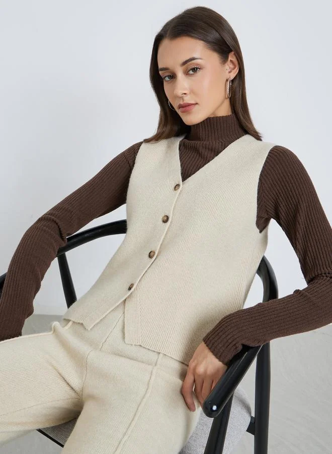 Styli Off White Styli Sleeveless V-Neck Flat Knit Vest for Women | Best Price UAE