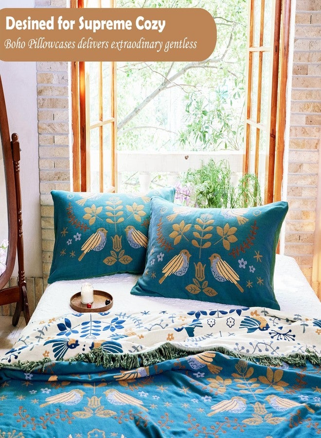 VANJOROY 100% Organic Cotton Boho Pillowcases for Skin-Friendly Luxury Set of 2-1000 Thread Thick Count, Bird Pattern Pillow Shams Cover, Soft Breathable Queen Pillow Cases,20x30 Inches-Teal - Image 2
