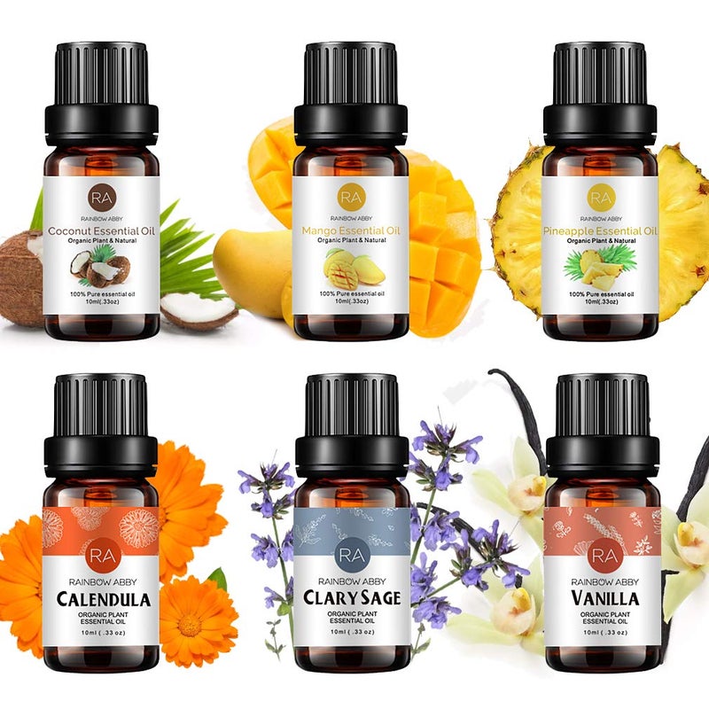 RAINBOW ABBY 6-Pack Orangic 100% Pure Essential Oil Set (Vanilla, Coconut, Mango, Pineapple, Clary Sage, Calendula) 6x10ML - Image 1