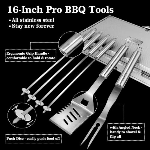 GRILLART BBQ Grill Utensil Tools Set Reinforced BBQ Tongs 19Piece StainlessSteel Barbecue Grilling Accessories wAluminum Storage Case Complete Outdoor Grill Kit for Dad Birthday Gift for Man Dad - Image 3