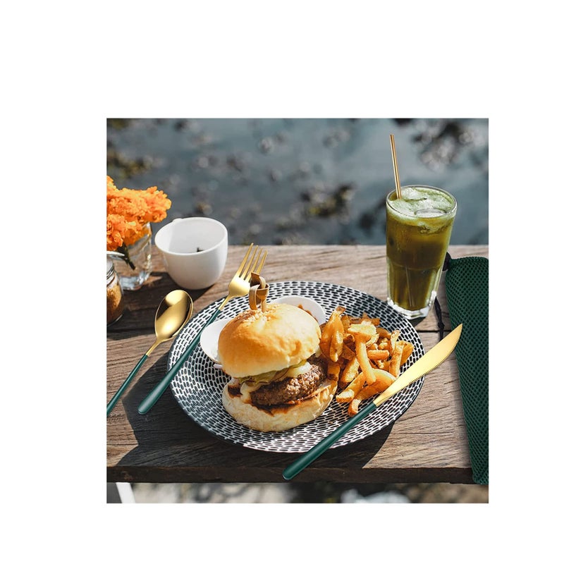SOLARAE Portable Reusable Cutlery Set, Travel Utensils Set with Case, Stainless Steel Flatware Set Including Knife Fork Spoon Chopsticks Straws Brush, Dishwasher Safe (8Pcs Green golden) - Image 4