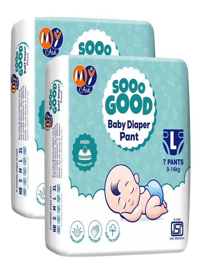 MyAid SOOO GOOD Baby Diaper Pants With Aloe Lotion & Wetness Indicator | Soft & Comfortable | Fast Absorption, Rash-Free, Leak-Proof, Large Size (L) 9-14 kg, 14 Count, Pack of 2 - Image 1