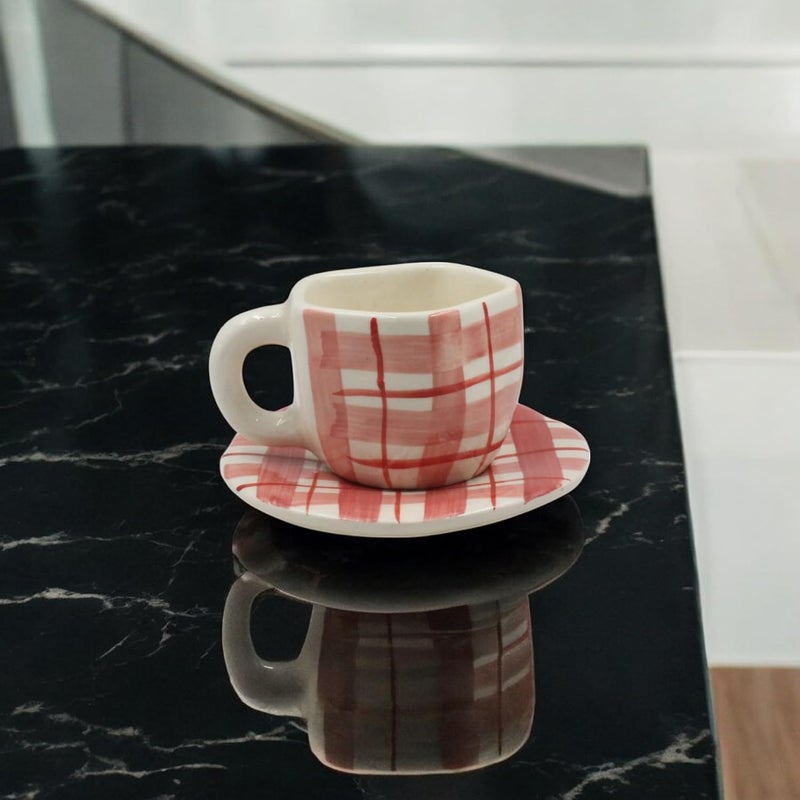 THE POTTERY MUSE Ceramic Tea Cup and Saucer Set 300ml Red and White Plaid Pattern Set of 1 Perfect for Hot Beverages Microwave and Dishwasher Safe Ideal for Home Office or Gifting - Image 2